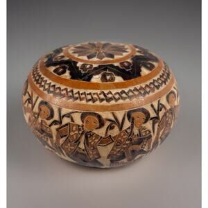 Gourd Hand Carved Etched Lidded Musicians Dancers Intricate Peru Folk Art Round